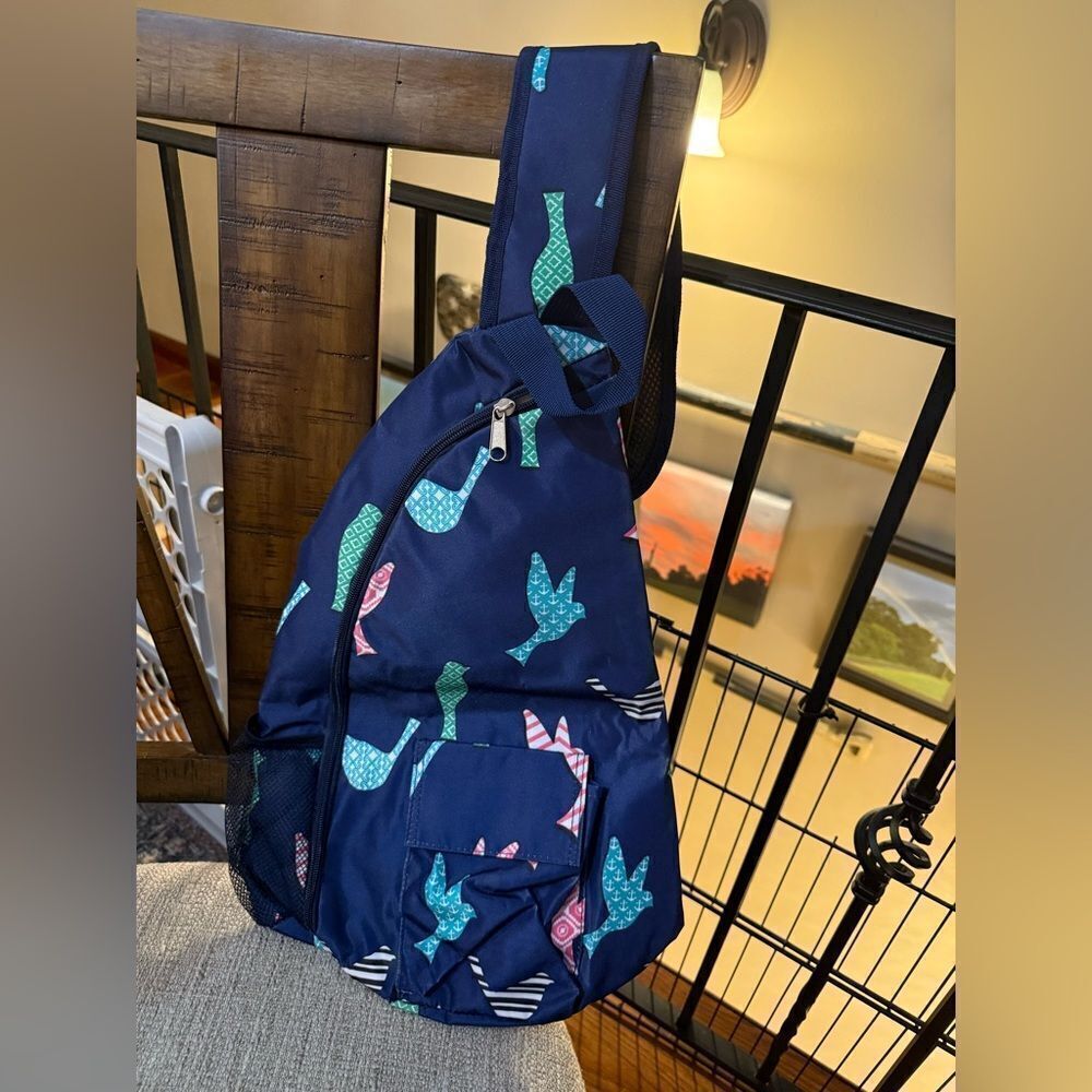 Navy Sling Backpack with colorful birds  Pattern